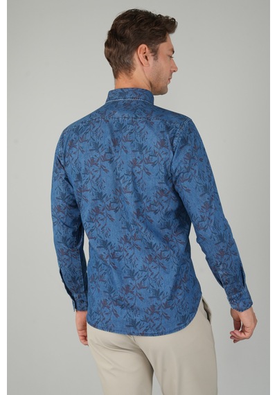 Bisse Erkek Uzun Kollu Spor Yaka Floral Desenli Denim Gömlek Gmjean252168 D39 Lacivert