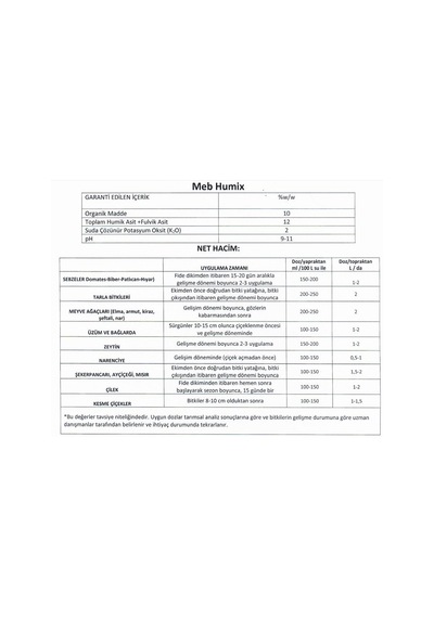 Meb Humix 20 Lt %10 Organik Madde, %12 Hümik+fülvik Asit 20 L