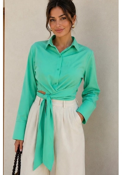 Bb Butik Basic Lüx Kalite Bağlamalı Poplin Gömlek Bb0250 Turkuaz1