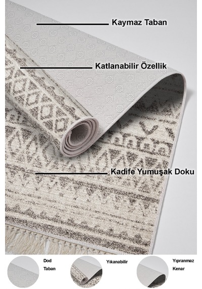 Dekoreko Kaymaz Taban Djt Salon Halısı Trend Saçaklı Iskandinav F5078 Açık Kahve