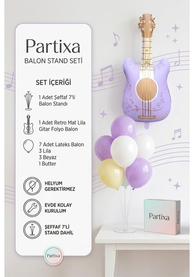 Retro Mat Lila Gitar Balon Stand Seti Şeffaf 7 Li Stand + Retro Mat Lila Gitar Folyo Balon + 7 Lateks Balon