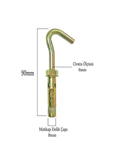 Açık Kancalı Çelik Dübel Halkalı Beton Dübeli M6x90 8mm - 10 Adet, 01758101101101