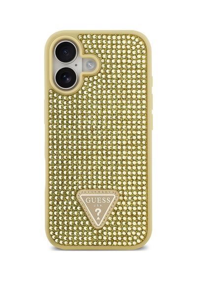 Apple Uyumlu iPhone 17 Kılıf Guess Lisanslı Taşlı Arka Yüzey Üçgen Logolu Kapak Gold