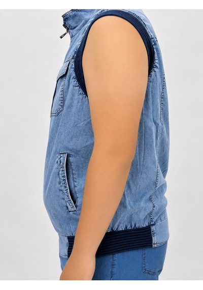 Büyük Beden Denim Dik Yaka Fermuarlı Cepli Bomber Erkek Yelek Mavi
