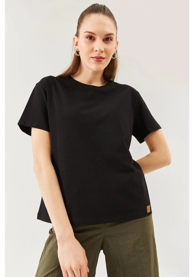 Kadın Rahat %100 Pamuklu Penye Bisiklet Yaka Kısa Kol Basic T-shirt SIYAH