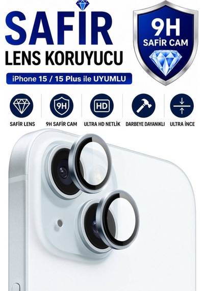 Apple iPhone Uyumlu  15 / 15 Plus Mavi Metal Kamera Lens Koruyucu Safir Cam Ultra Net Hd