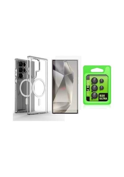 Vendas Galaxy Uyumlu  S25 Ultra Kılıf M-safe Şarj Sert Pc Zore Embos Kapak + Lens + Nano Ekran Koruyucu Şeffaf