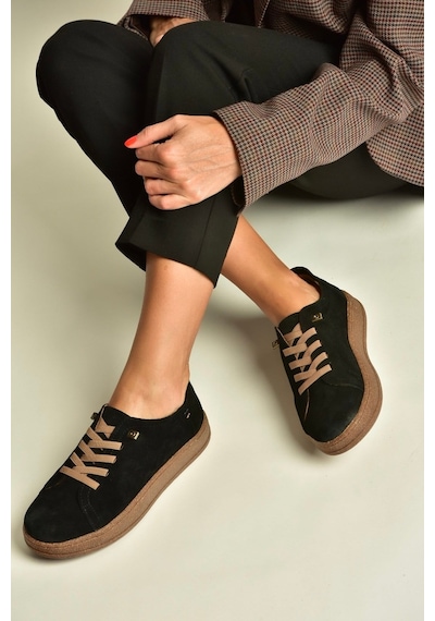 Fox Shoes V999060502 Siyah Hakiki Deri Süet Kadın Spor Ayakkabı Sneakers