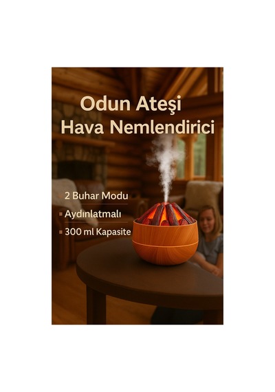Odun Ateşi Alev Efektli Hava Nemlendirici 300 Ml Aromaterapi Difüzör, Led Alev Işıklı