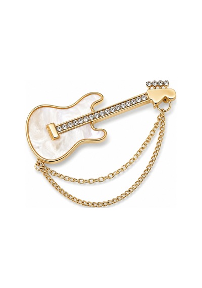 Gold Renk Gitar Broş Çift Zincirli Unisex Müzisyen Hediyelik Yaka Aksesuarı Açık Gri