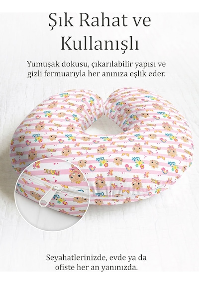 Sevimli Karakterler Çizgili Boyun Yastığı - Pastel Pembe Sarı Çocuk & Yetişkin Seyahat Yastığı Buzlu Ayışığı Taş Bej