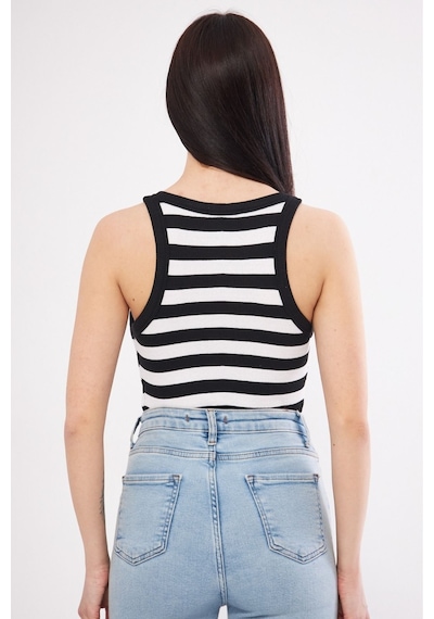 Mea Capio Kadın Siyah Beyaz Çizgili Fitilli Likralı T-shirt Halter Yaka Örme Atlet Siyah - Siyah