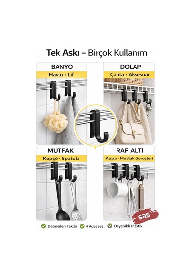 Sas Haus 4 Adet Plastik Askı Metal Banyo Mutfak Rafları Için Siyah Diğer