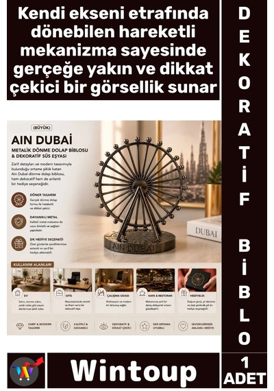 Biblo Ofis Dekoratif Tasarım Krom Bakır Büyük Boy Şık Ain Dubai Figürü Metalik Dönme Dolap Biblosu