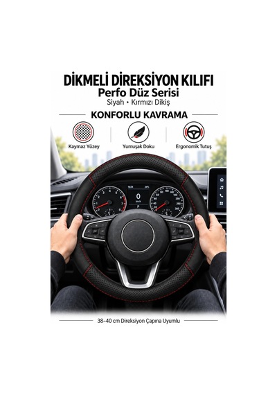 Trobus Audi A6 2019-2025 Uyumlu Dikmeli Direksiyon Kılıfı Perfo Düz Siyah Kırmızı Dikiş Siyah - Kırmızı Dikiş