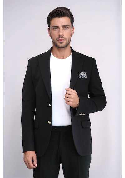 Siyah Kendinden Desenli Örme Altın Renk Metal Düğmeli Slim Fit Erkek Blazer Ceket - Wessi Black Siyah Kendinden Desenli Örme Altın Renk Metal Düğmeli Slim Fit Erkek Blazer Ceket - Wessi Black