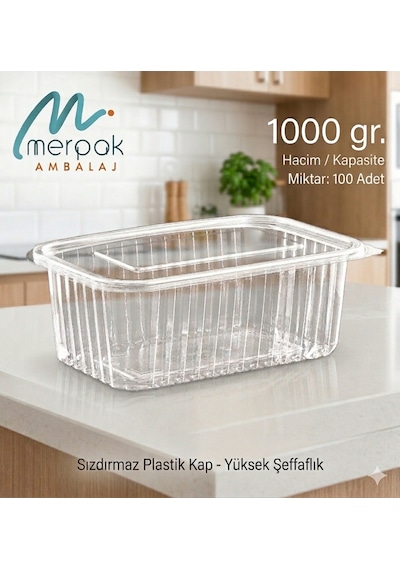 Plastik Saklama Kabı 1000 Gr 100'lü Kapaklı Sızdırmaz Kap Şeffaf Kullan At Kase