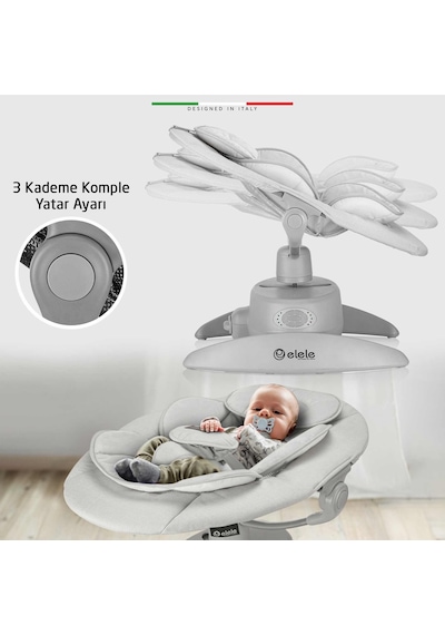Elele Roma Lüks Elektrikli Otomatik Sallanan Ana Kucağı 360 Dönebilen Kademeli Gri