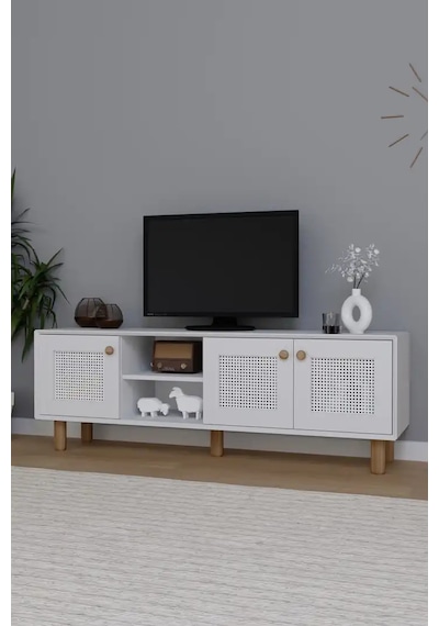 Bohem Serisi Natura Mat Beyaz Pvc Hasır Desen Tv Ünitesi Beyaz