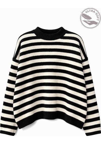 Mixray 7016 Kadın Yün Karışımlı Çizgili Oversize Basic Triko Kazak Siyah