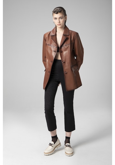 Dericlub Wm035 Gerçek Deri Kadın Blazer Viski