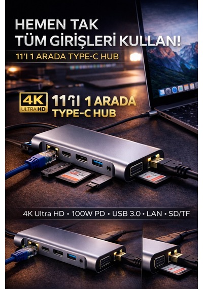 11in1 Type-c Hub Usb 3.0 Hdmı 4k Vga Lan Sd/tf 100w Pd Çoklayıcı Adaptör Dönüştürücü