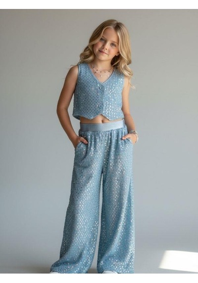 Zekids Kız Çocuk Işıltılı Yelek Pantolon Takım-16881 Mavi