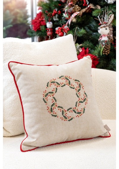 Xmas Bej Nakşlı Biyeli Kırlent Kılıfı 45x45 2550 Bej