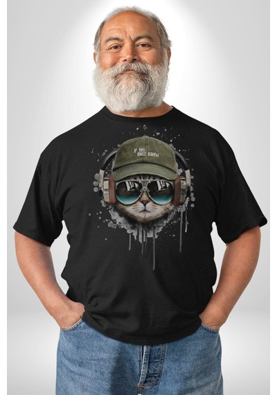 Havalı Pilot Şapkalı Müzik Dinleyen Kedi Unisex Unisex Siyah Organik Baskılı T-shirt Penye Yüksek Kalite Siyah