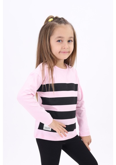 Toontoy Kids Toontoy Kız Çocuk Baskılı Bisiklet Yaka Uzun Kollu Çizgili Tişört Pembe