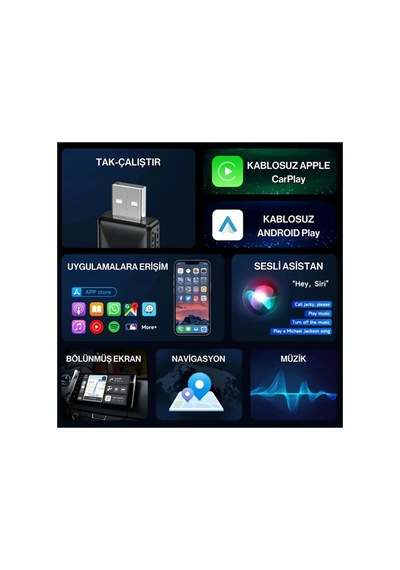 Kablosuz Carplay & Android Auto Adaptörü - Apple Ve Android Cihazlar İçin Evrensel Wireless Carplay Çevirici Diğer