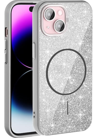 Apple Uyumlu iPhone 15 Kılıf Magsafe Şarj Özellikli Parlayan Simli Okso Kılıf Beyaz