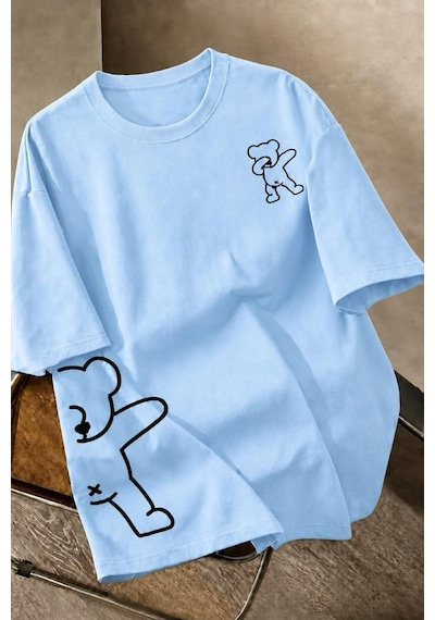 Ayıcık Baskılı Unisex Oversize Sokak Stili T-shirt Turkuaz