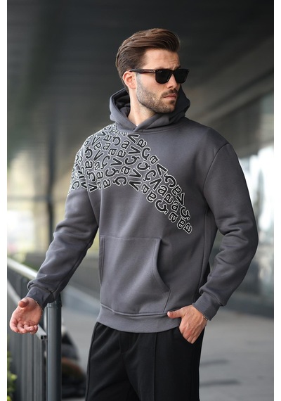 Madmext Füme Baskılı Kapüşonlu Erkek Sweatshirt E7160 Füme