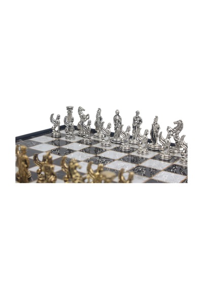 Lüks Sandıklı Metal Satranç Takımı Krom Kaplama Pegasus Atları Figürler Mermer Desenli Zemin 20 Cm