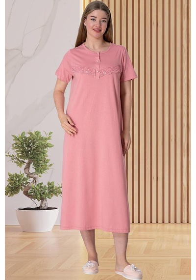 Mecit Pijama Mecit 5825 Bayan Pembe Büyük Beden Kısa Kollu Gecelik 001