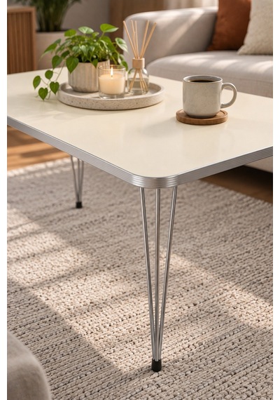 Sulorahome Gümüş Tel Ayaklı Krem Bej Orta Sehpa 90x50 Cm