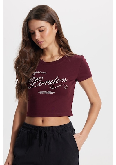 Tudors Kadın Slim Fit Dar Kesim %100 Pamuk Bisiklet Yaka Kısa Kollu Baskılı Bordo Crop Tişört-50533