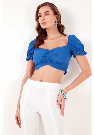 Lela Slim Fit Büzgü Detaylı Kalp Yaka Crop Bayan Bluz 5865601 Saks