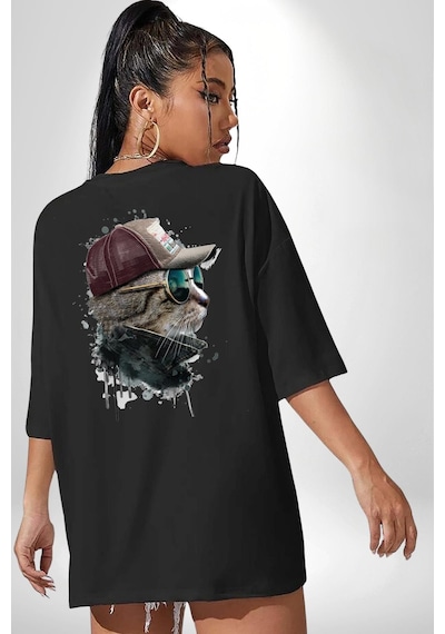 Pilot Çeketli Deri Şapkalı Cool Kedi Siyah Oversize Unisex Ön Ve Sırt Baskılı Tişört Siyah