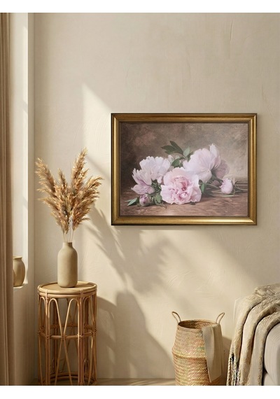 Klasik Gold Çerçeveli Pembe Şakayık Çiçekleri Tablo Lüks Salon Oturma Odası Duvar Dekoru 80x60 Cm