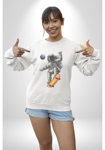 Atronot Kaykay Uzay Mars Unisex Beyaz Baskılı Sweatshirt Beyaz