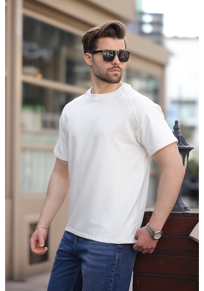 Madmext Ekru Bisiklet Yaka Basic Erkek T-shirt E7138 Ekru
