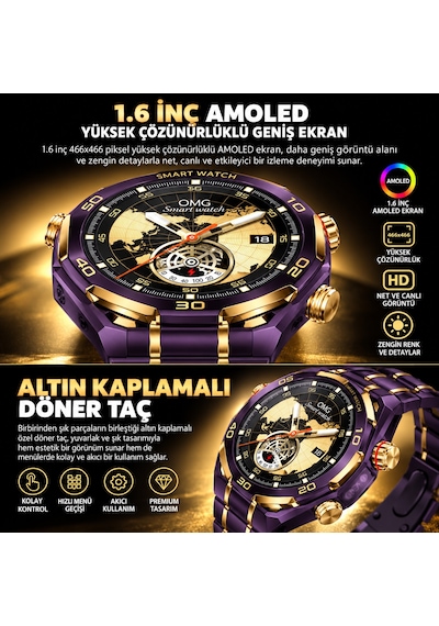 Kalobee Sk55 Pro Aı Yapay Zeka Destekli 3 Kordonlu Akıllı Saat 1.6" Amoled, Bluetooth Görüşme, Ip68, Kablosuz Şarj-mor-15044