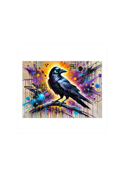 Renk Patlamalı Karga Çizimi Art Mdf Tablo