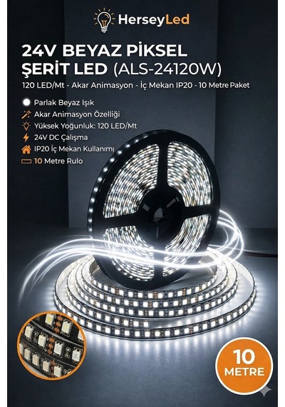 24 Volt Beyaz Akar Yürüyen Piksel Şerit Led 2835 Çip 120 Led 10 Metre