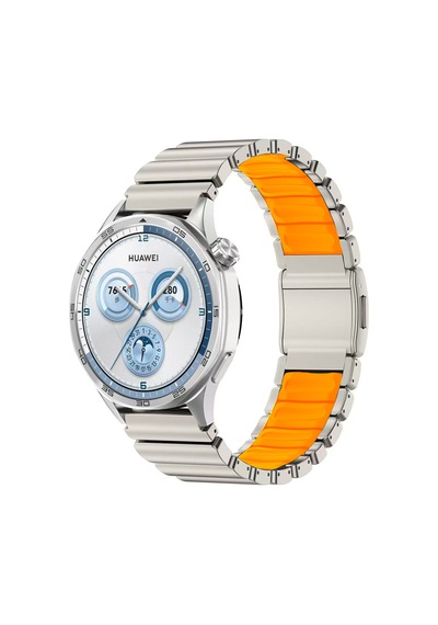 Honor Magic 2 46mm Uyumlu Kordon Metal Kasa Silikon İç Kısım Tasarım Gümüş-turuncu