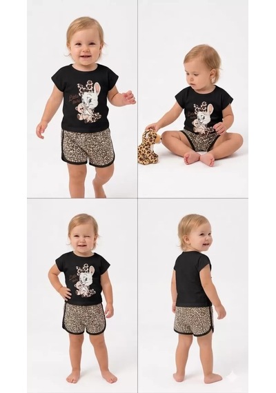 Veraura Lifestyle 1/4 Yaş Leopar Tavşan Baskılı Çocuk Takımı Siyah