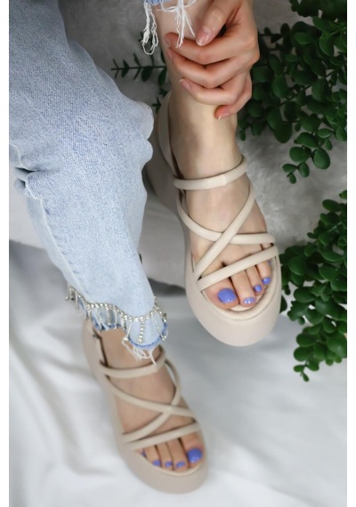 Asmi Shoes Kadın Paris Kalın Taban 9 Cm Ortopedik Sandalet Bej Bej