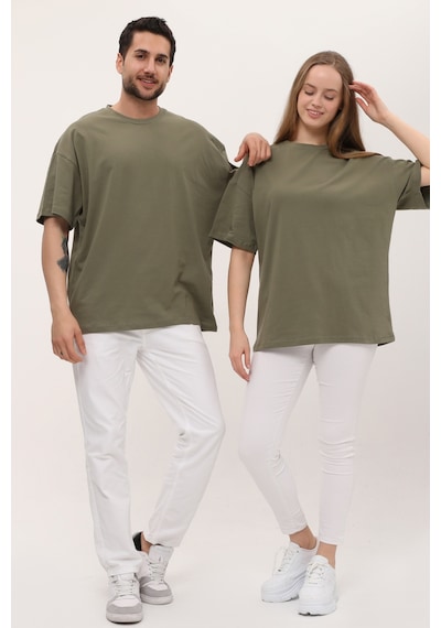 Unisex Haki Oversize Bol Kalıp T-shirt Çift Kombini Açık Haki